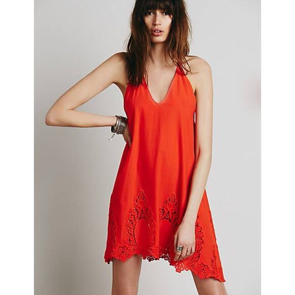 Free People Dresses & Skirts - Free People Easy Livin Slip Dress Coral Orange Size Medium Eyelet Hem Bohemian
